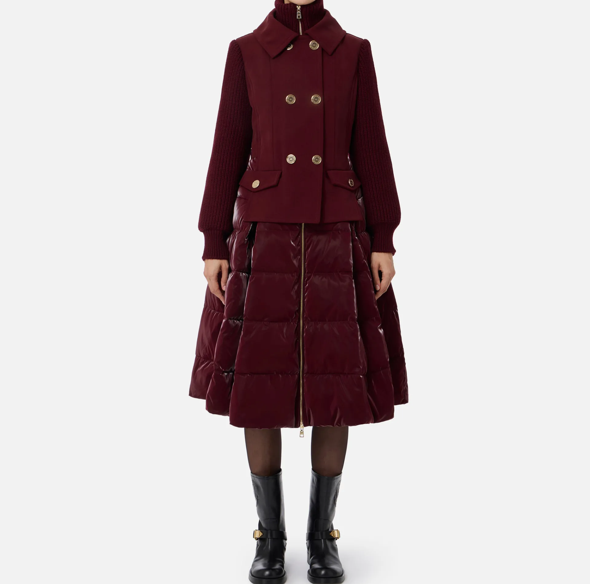 Elisabetta Franchi Coats And Jackets|Down jacket in nylon and cloth fabric with circle skirt RougeNoir