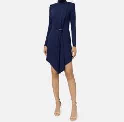 Elisabetta Franchi Mini Dresses|Dresses|Draped jersey mini-dress with jewel accessory Navy