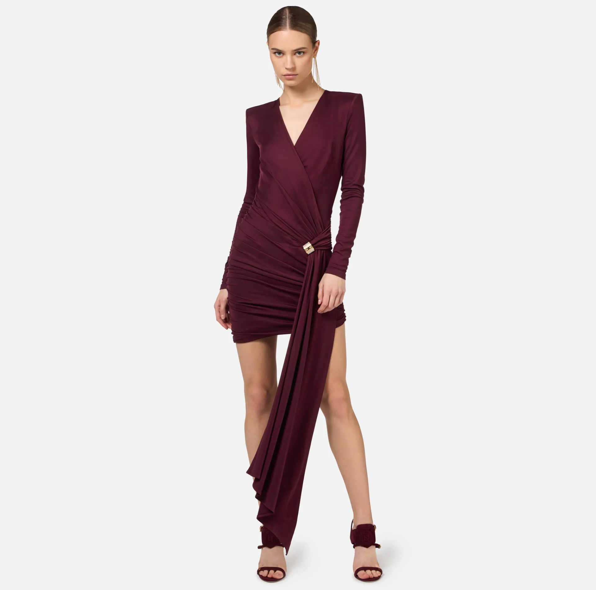 Elisabetta Franchi Mini Dresses|Dresses|Draped jersey mini-dress with jewel accessory RougeNoir