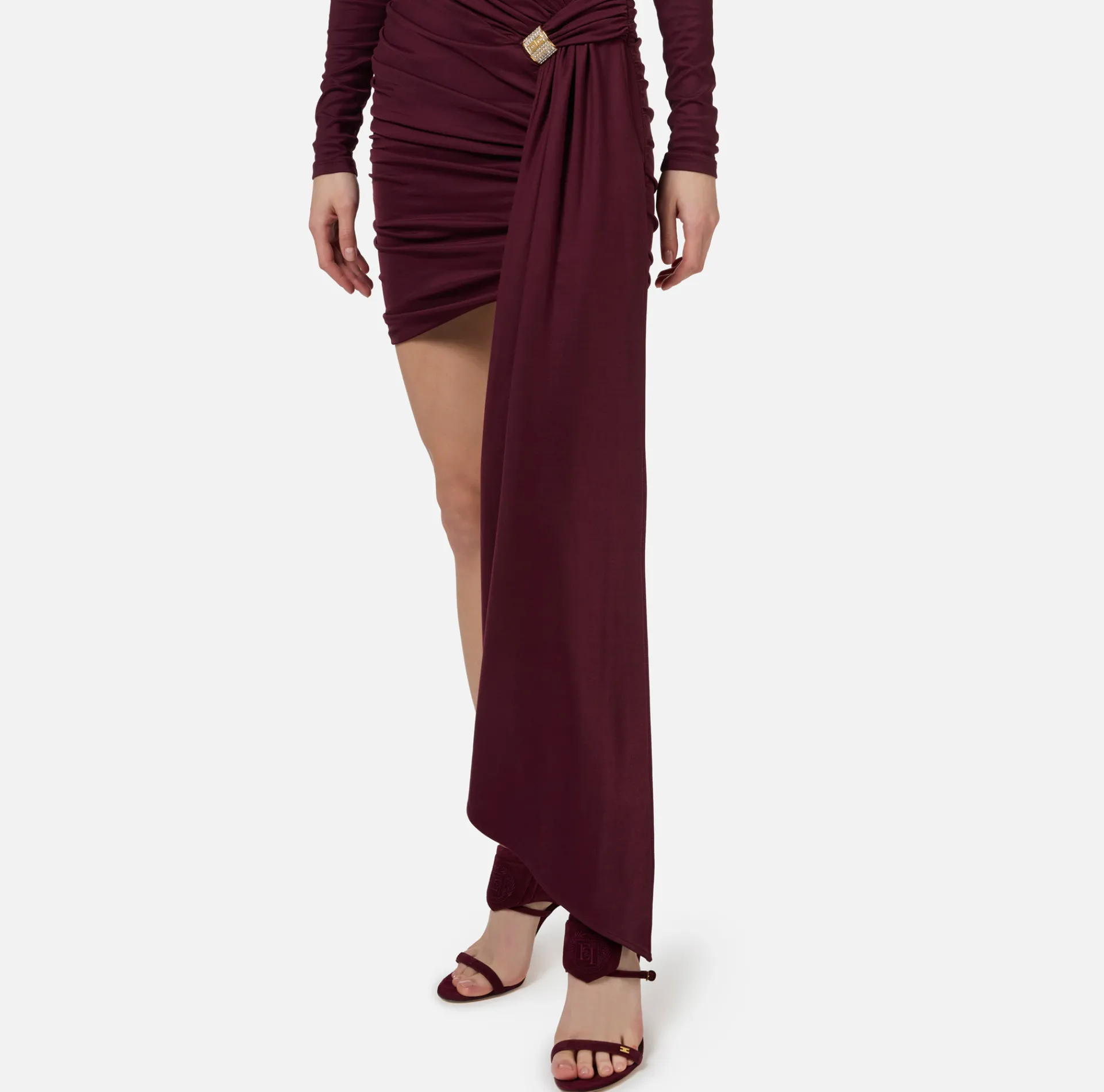 Elisabetta Franchi Mini Dresses|Dresses|Draped jersey mini-dress with jewel accessory RougeNoir