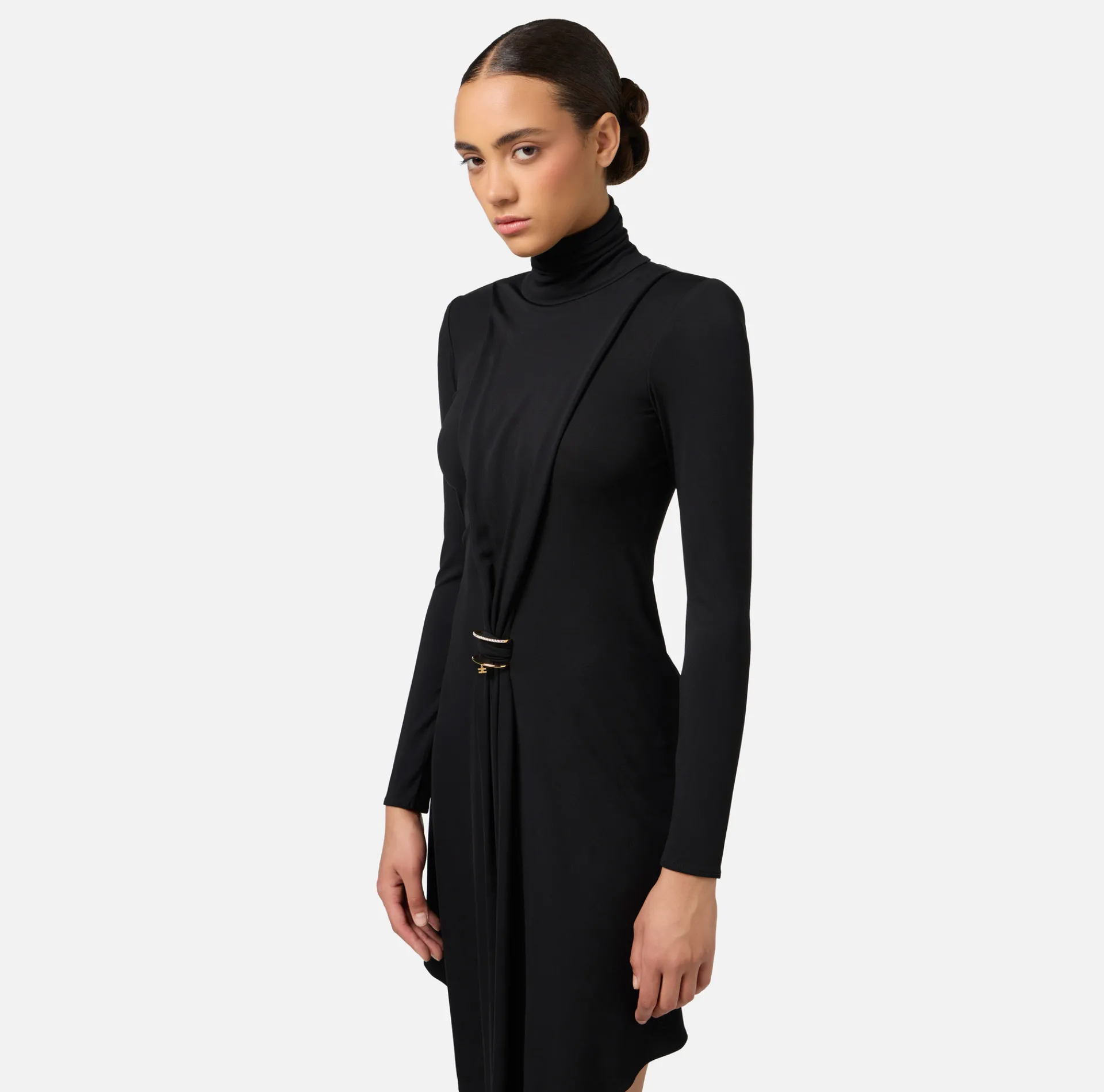 Elisabetta Franchi Mini Dresses|Dresses|Draped jersey mini-dress with jewel accessory Black