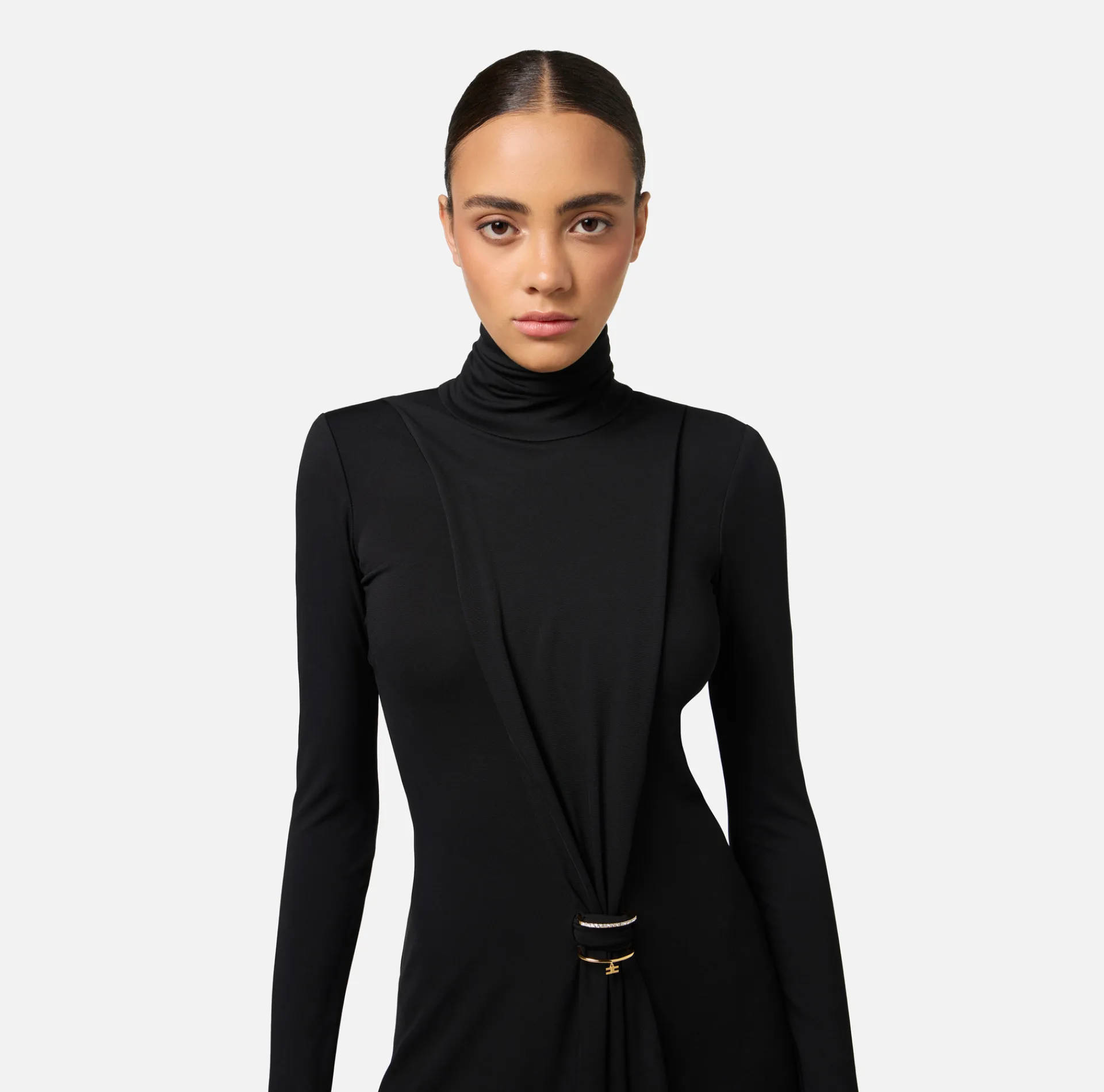Elisabetta Franchi Mini Dresses|Dresses|Draped jersey mini-dress with jewel accessory Black