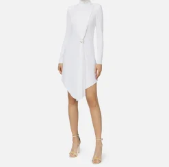 Elisabetta Franchi Mini Dresses|Dresses|Draped jersey mini-dress with jewel accessory Ivory