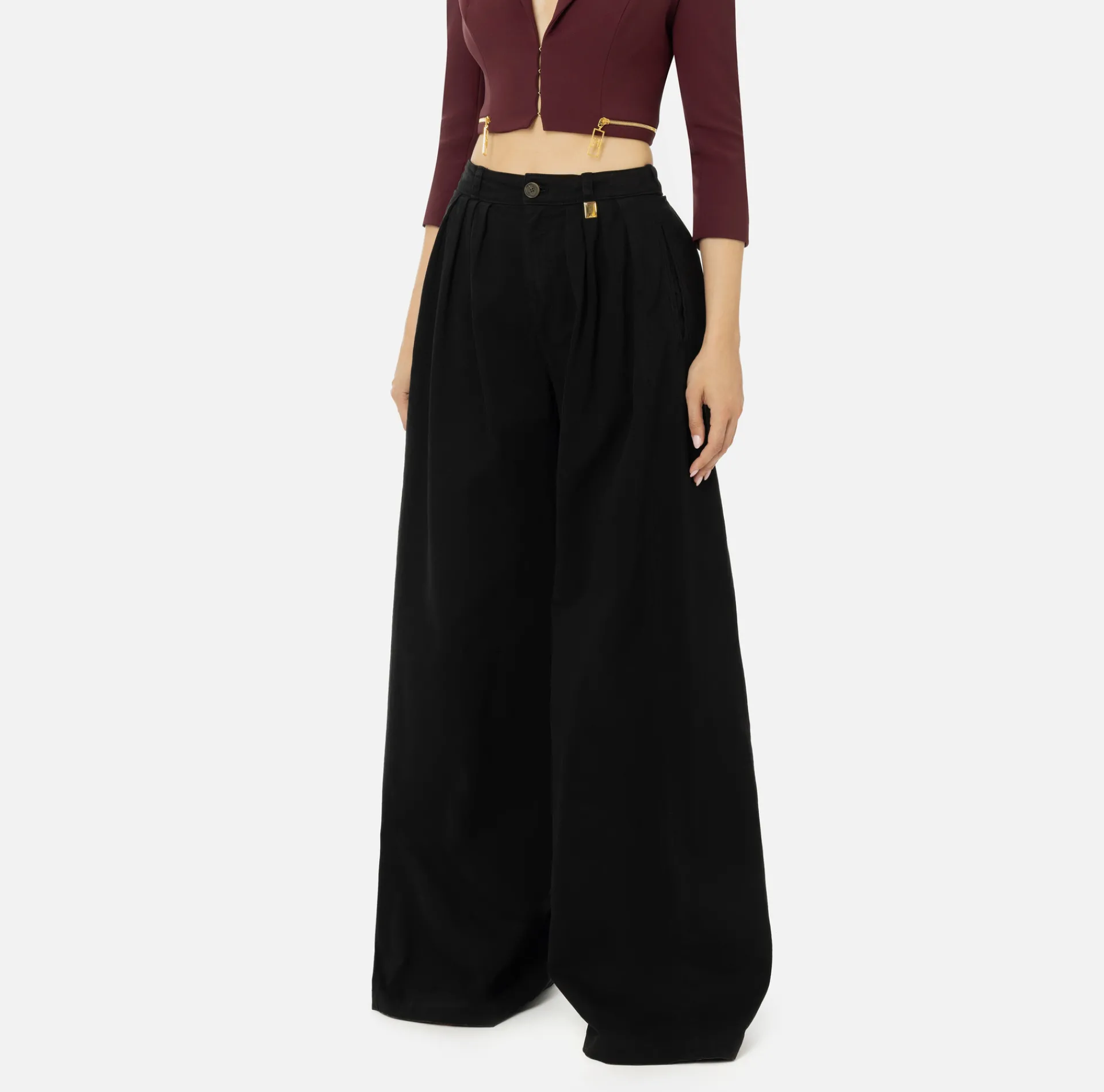 Elisabetta Franchi Jeans|Dyed cotton wide leg jeans with darts Black