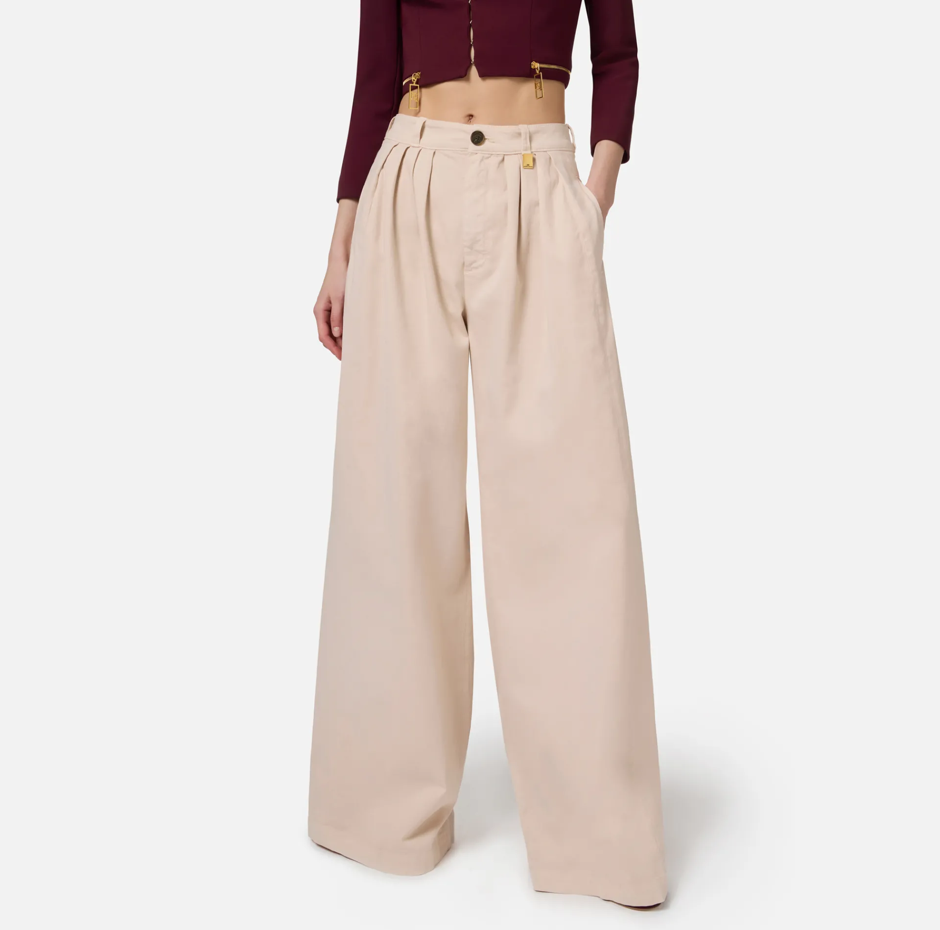 Elisabetta Franchi Jeans|Dyed cotton wide leg jeans with darts Latex