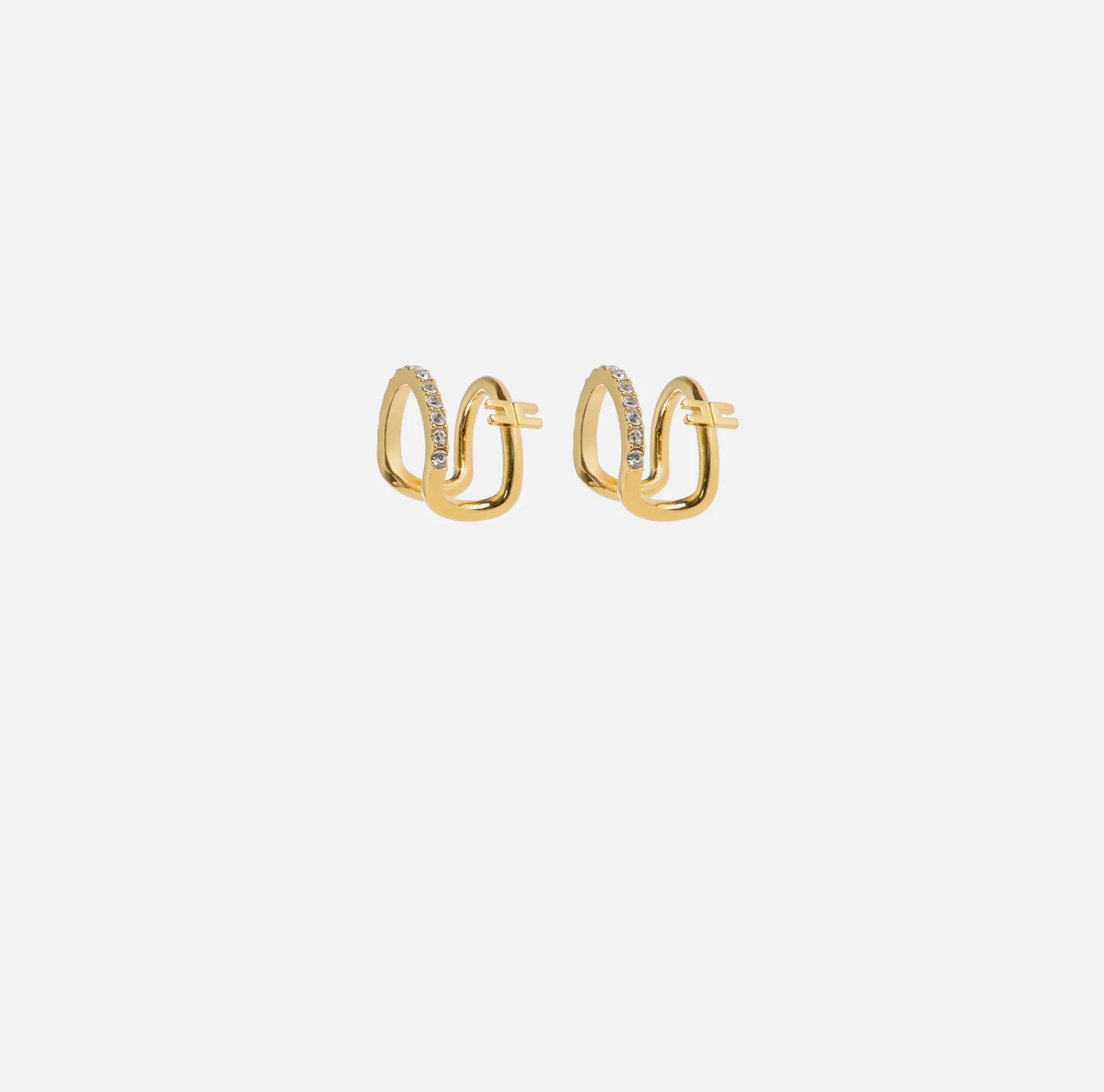 Elisabetta Franchi Jewelry|Earcuffs in metal with double logo ring and rhinestones YellowGold