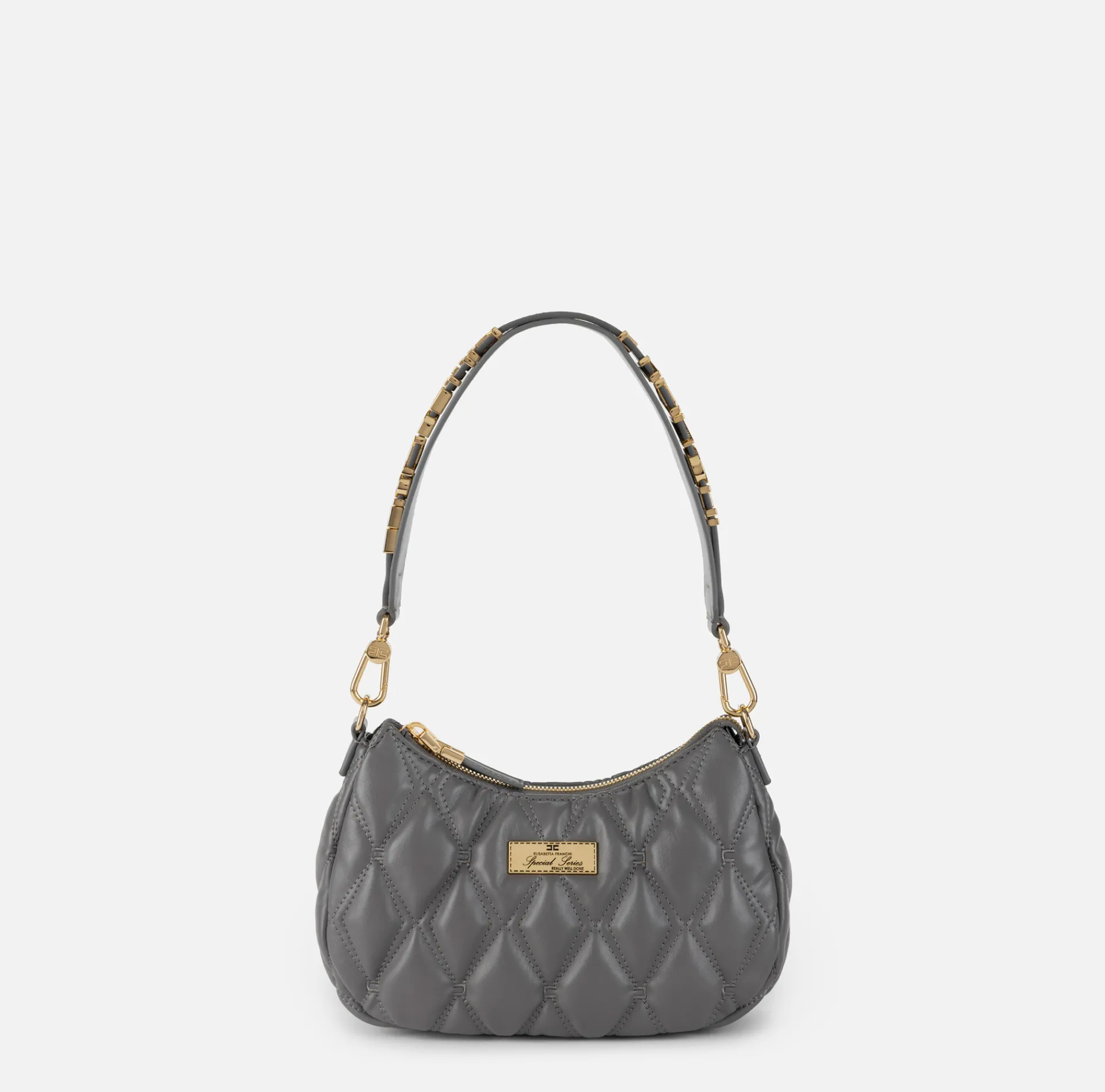 Elisabetta Franchi Shoulder Bags|Embossed fabric hobo bag with lettering Steel