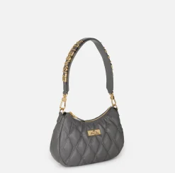 Elisabetta Franchi Shoulder Bags|Embossed fabric hobo bag with lettering Steel