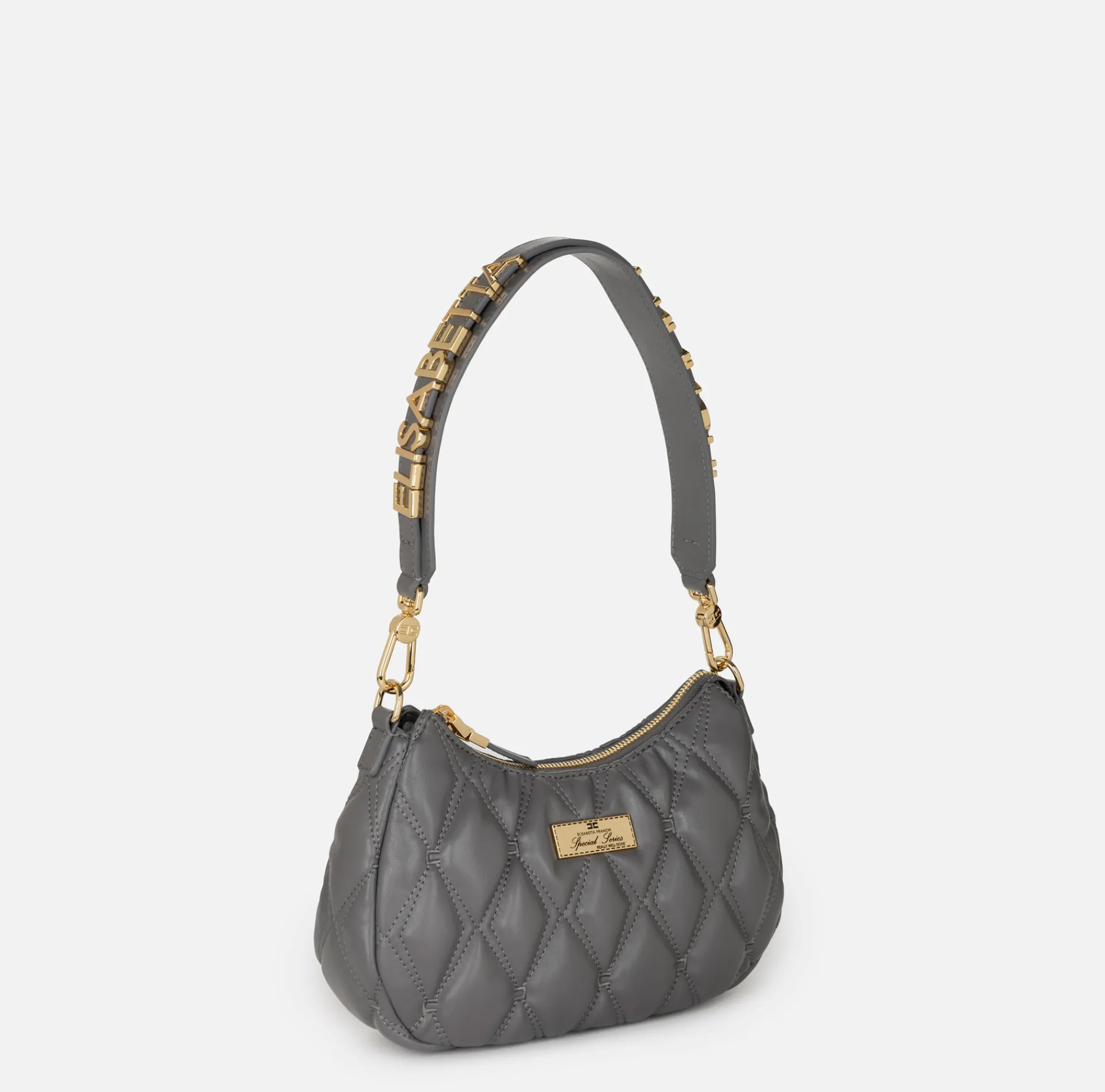 Elisabetta Franchi Shoulder Bags|Embossed fabric hobo bag with lettering Steel