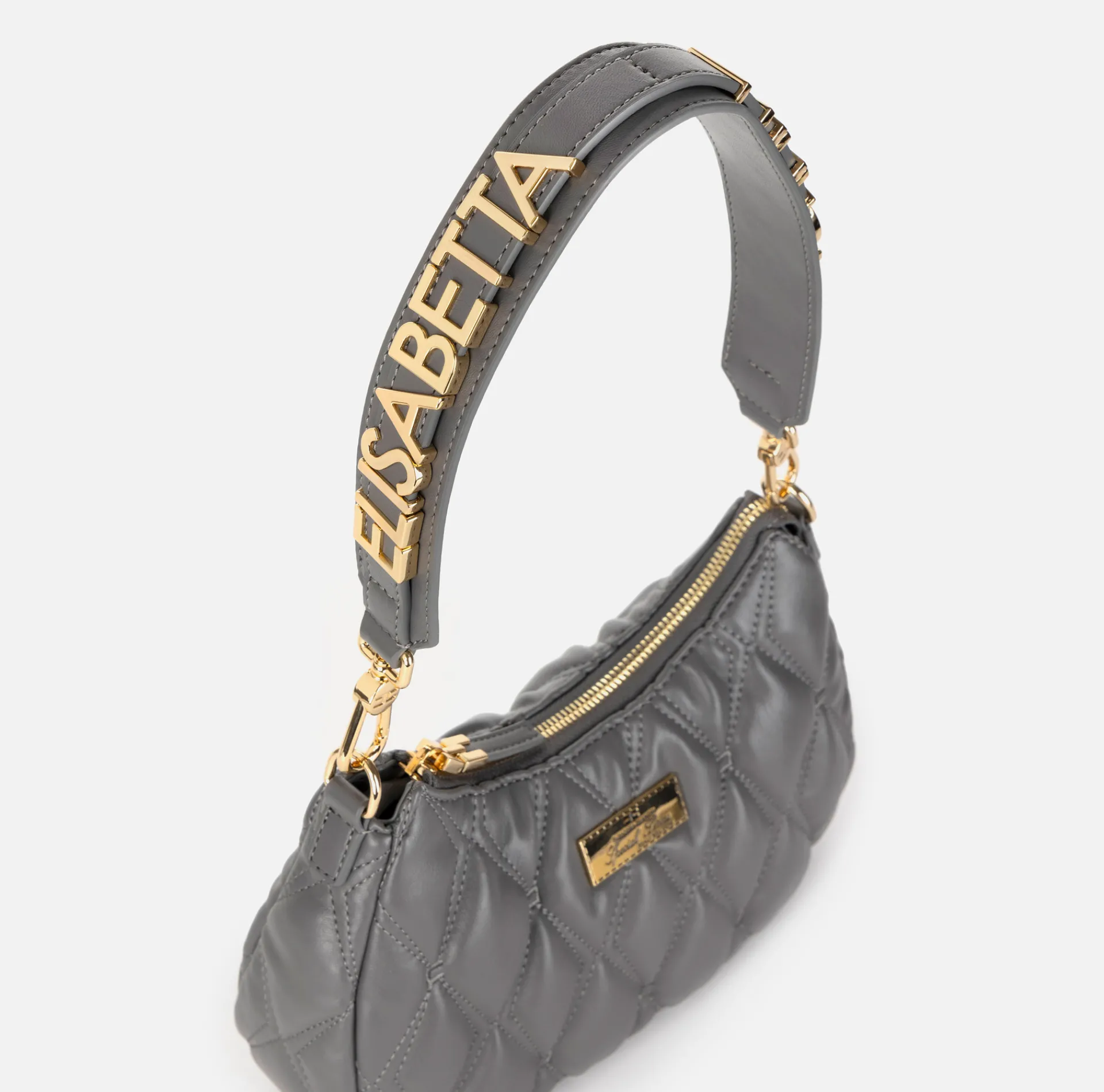 Elisabetta Franchi Shoulder Bags|Embossed fabric hobo bag with lettering Steel