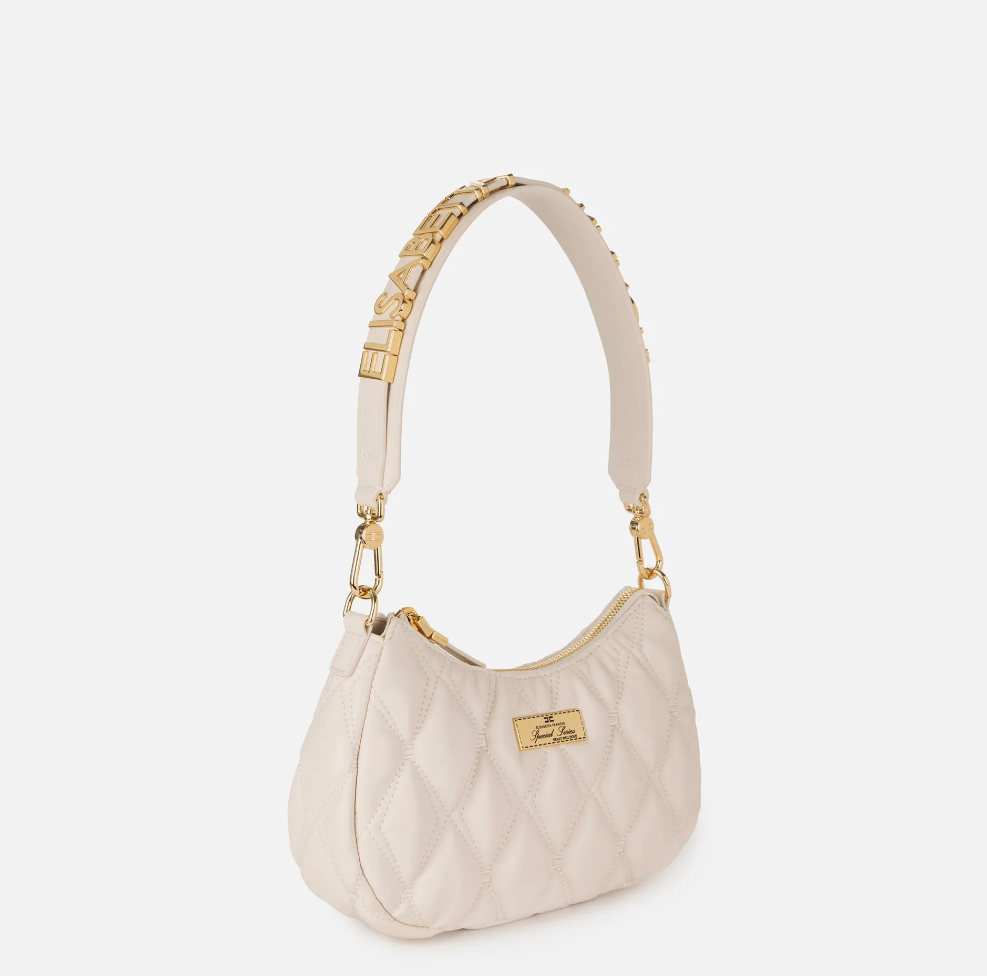 Elisabetta Franchi Shoulder Bags|Embossed fabric hobo bag with lettering Latex