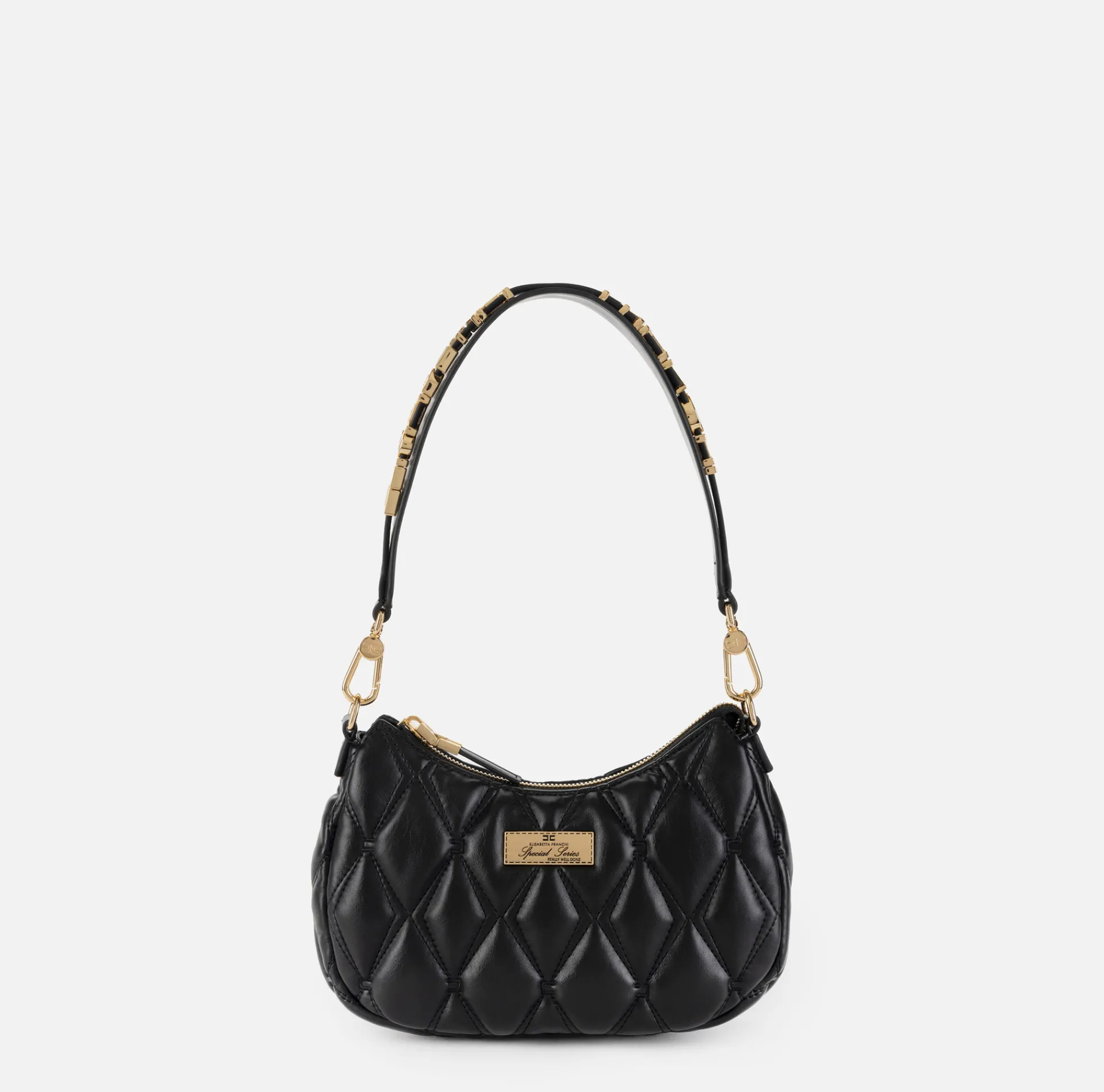 Elisabetta Franchi Shoulder Bags|Embossed fabric hobo bag with lettering Black