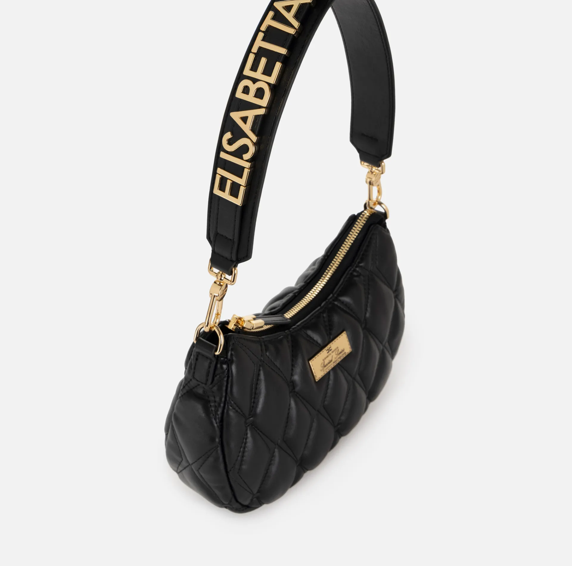 Elisabetta Franchi Shoulder Bags|Embossed fabric hobo bag with lettering Black