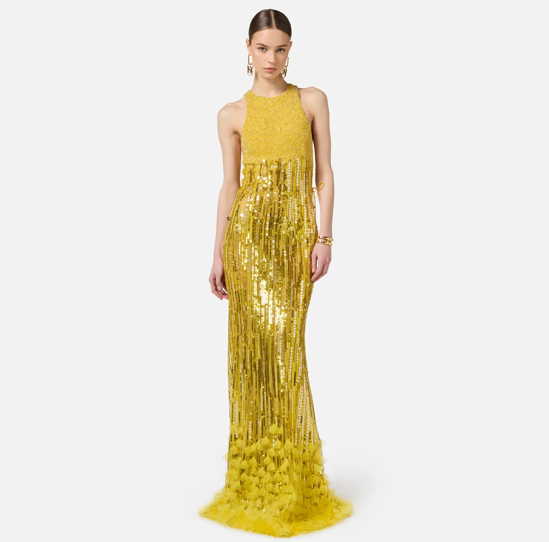 Elisabetta Franchi Red Carpet Dresses|Red Carpet|Embroidered red carpet dress with organza fringing Mimosa