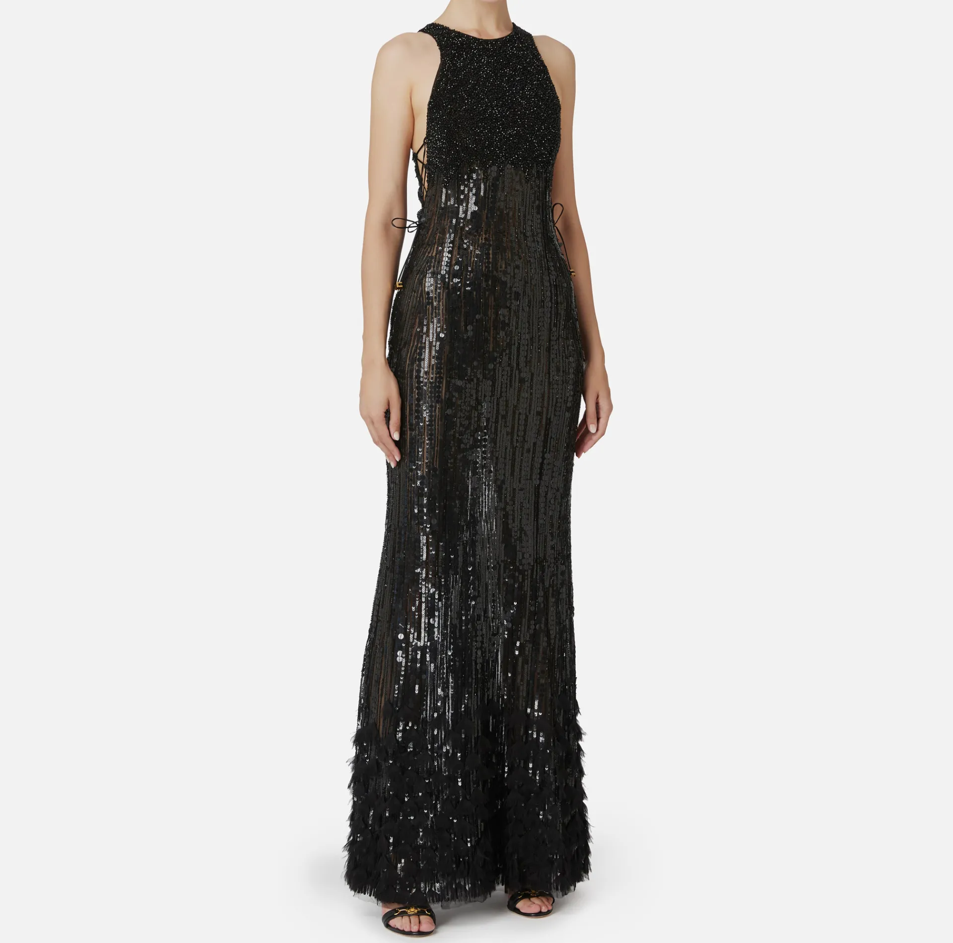 Elisabetta Franchi Red Carpet Dresses|Red Carpet|Embroidered red carpet dress with organza fringing Black