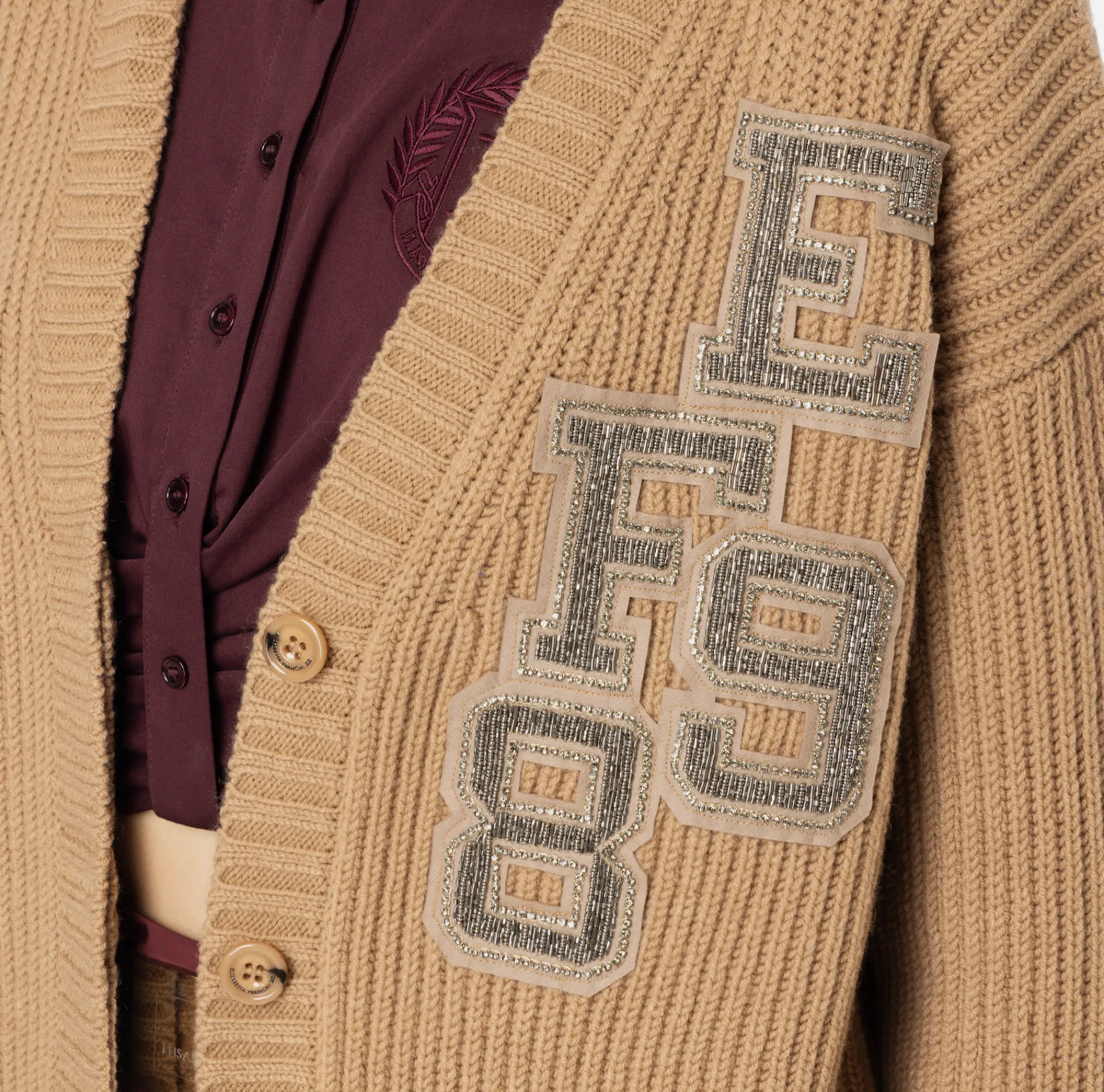 Elisabetta Franchi Knitwear And Sweatshirts|Fisherman’s rib wool cardigan with logo patch Camel