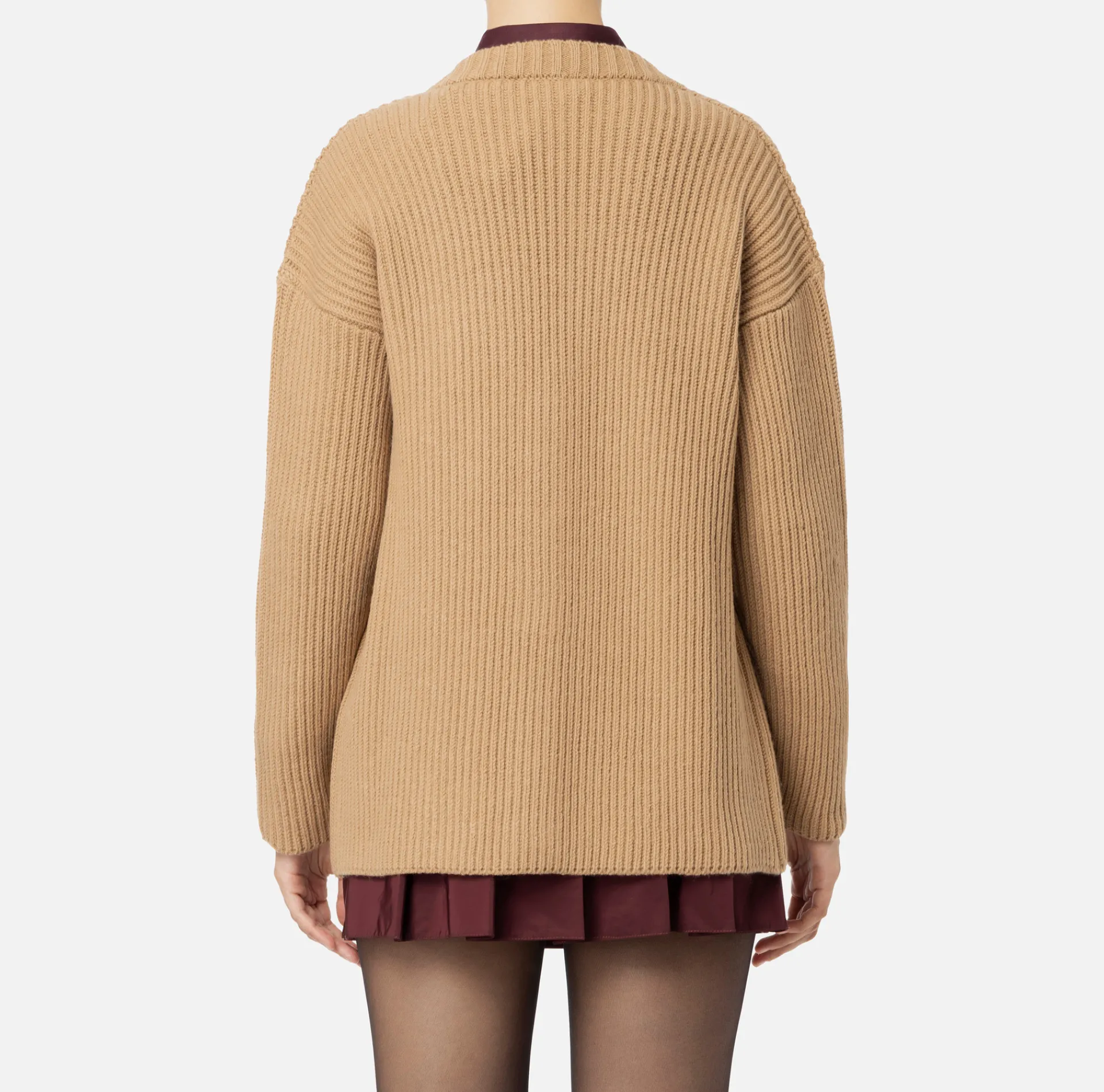 Elisabetta Franchi Knitwear And Sweatshirts|Fisherman’s rib wool cardigan with logo patch Camel