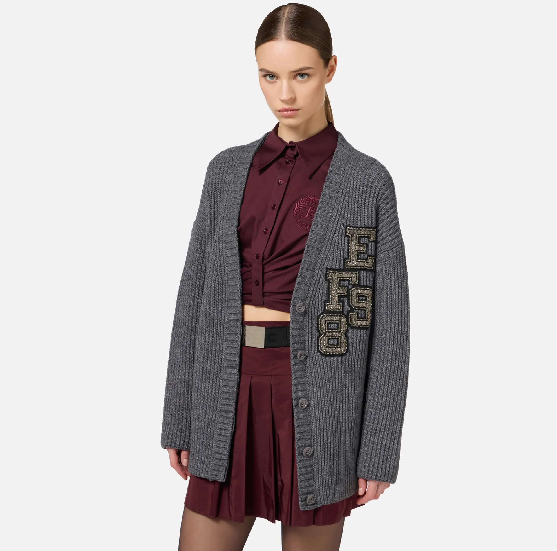 Elisabetta Franchi Knitwear And Sweatshirts|Fisherman’s rib wool cardigan with logo patch