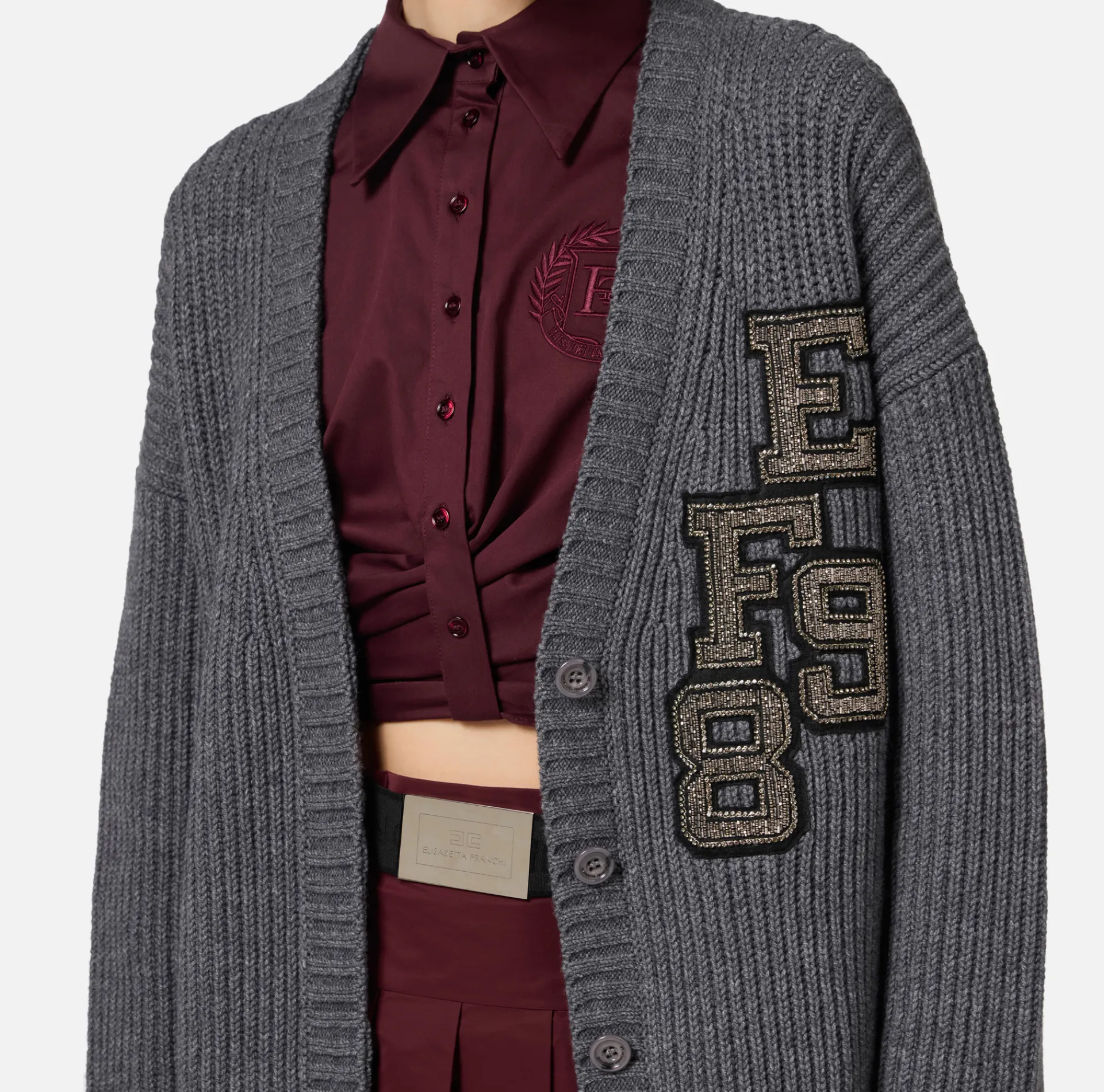 Elisabetta Franchi Knitwear And Sweatshirts|Fisherman’s rib wool cardigan with logo patch