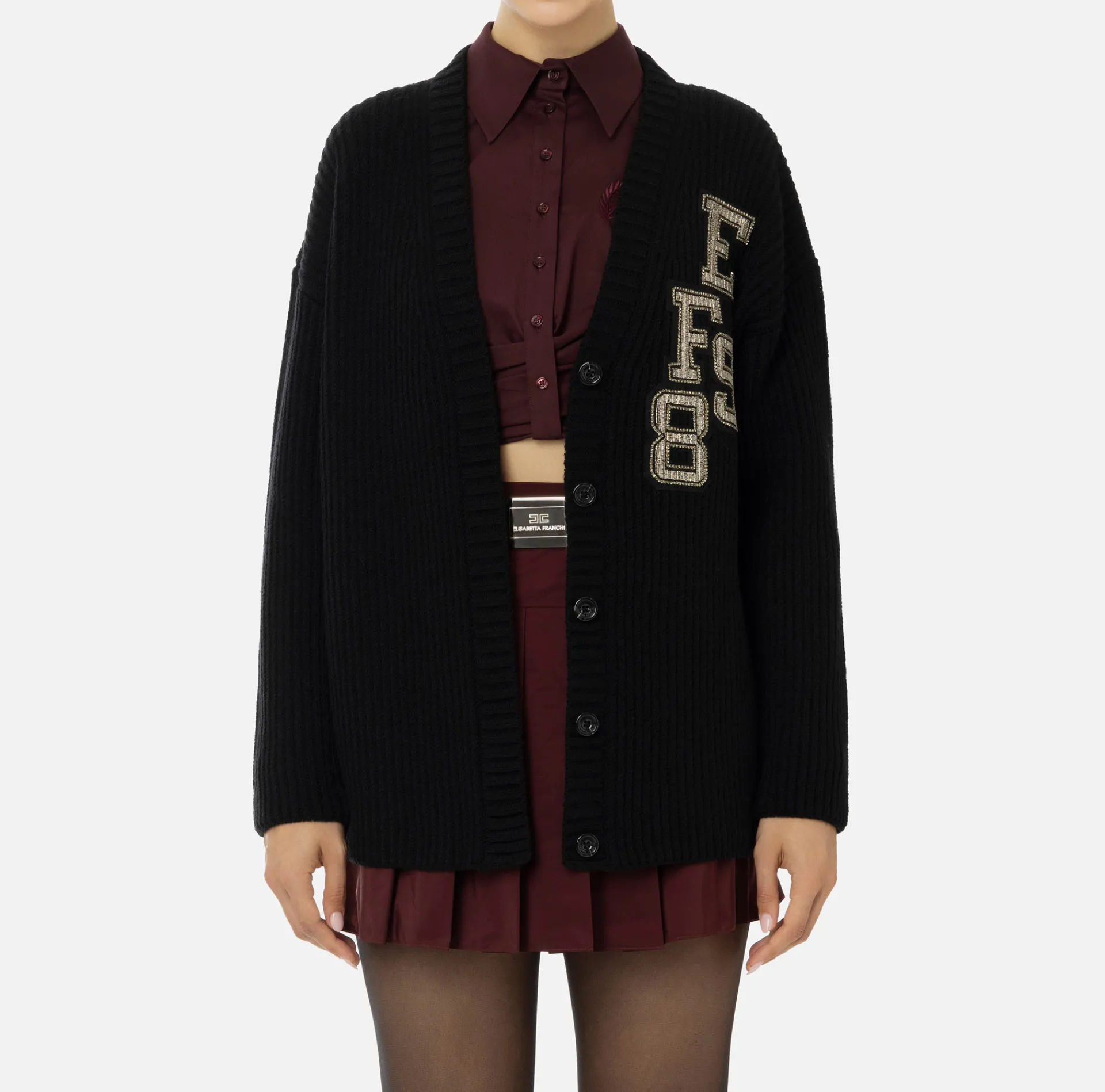 Elisabetta Franchi Knitwear And Sweatshirts|Fisherman’s rib wool cardigan with logo patch Black