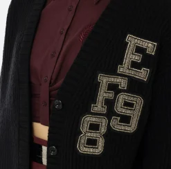 Elisabetta Franchi Knitwear And Sweatshirts|Fisherman’s rib wool cardigan with logo patch Black