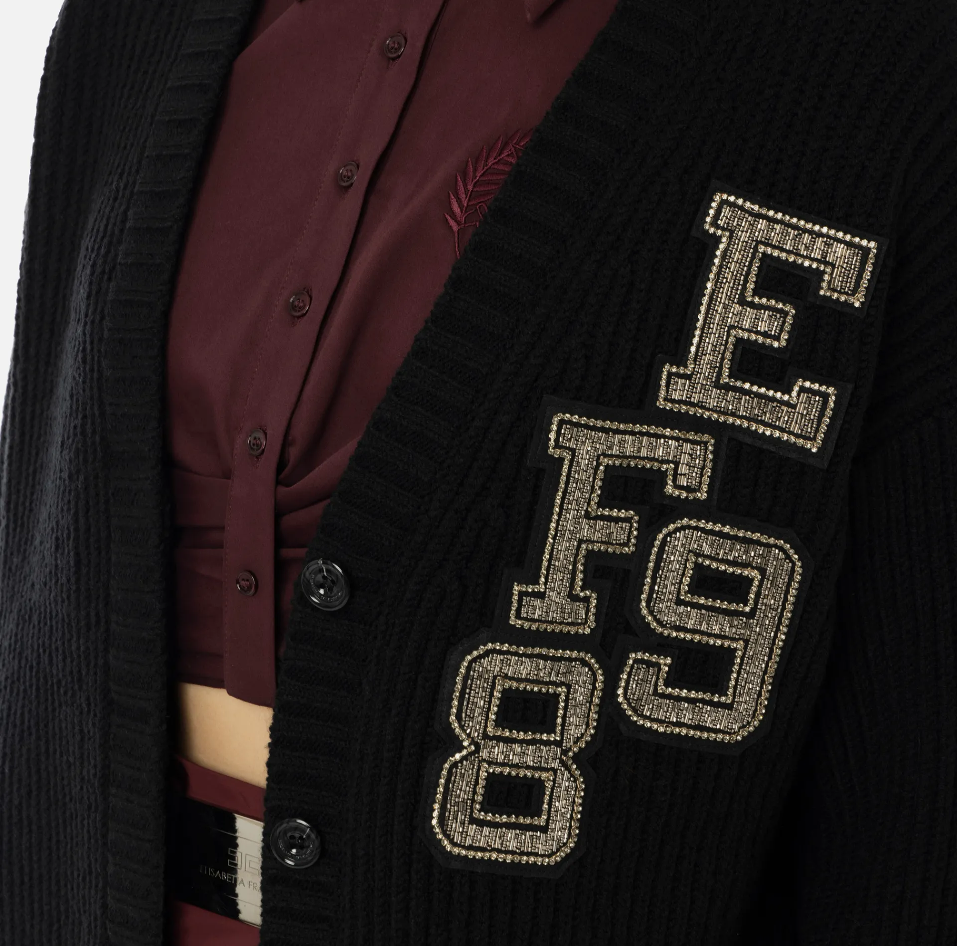 Elisabetta Franchi Knitwear And Sweatshirts|Fisherman’s rib wool cardigan with logo patch Black