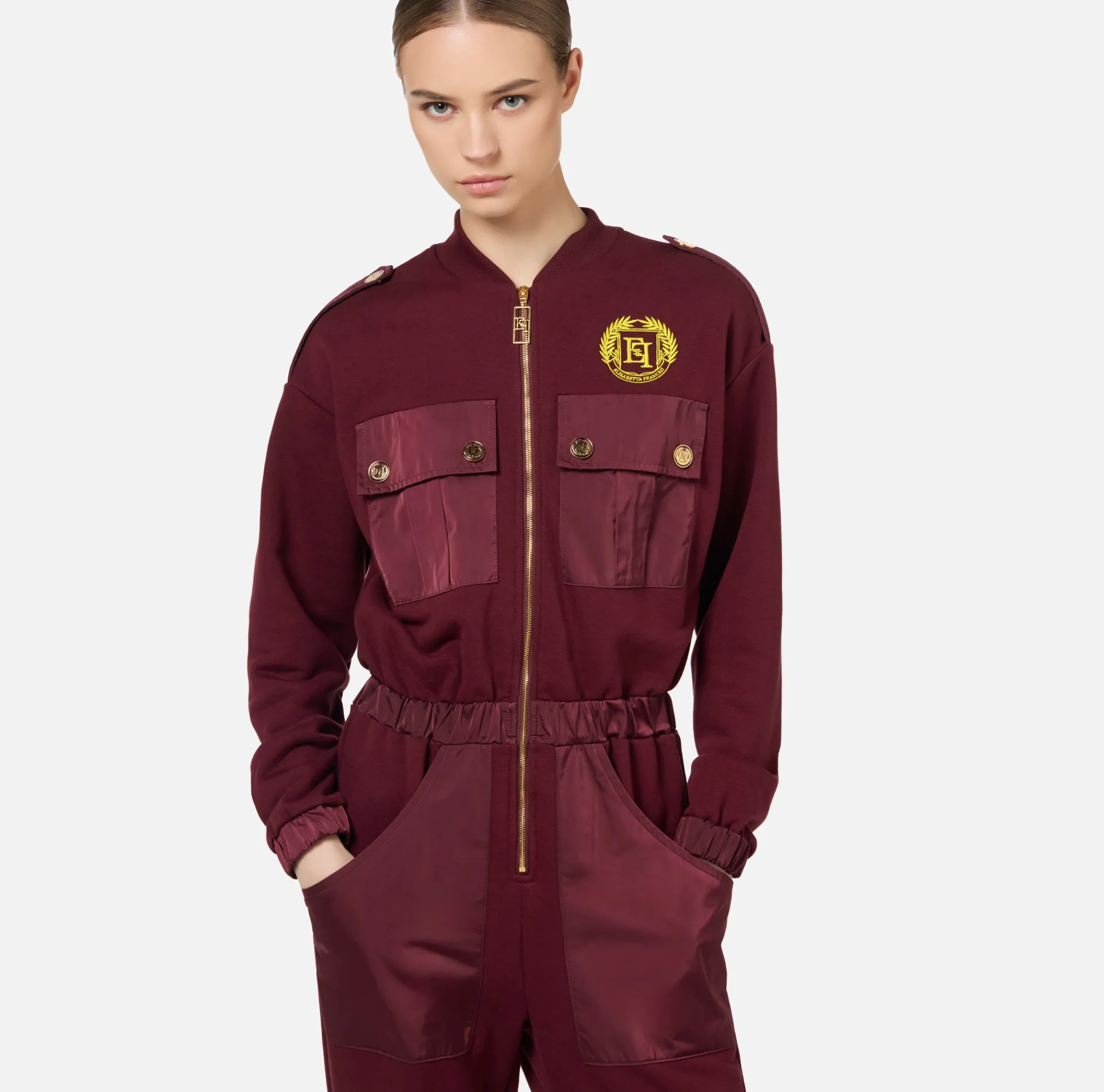 Elisabetta Franchi Jumpsuits|Fleece jumpsuit with pockets in technical nylon RougeNoir