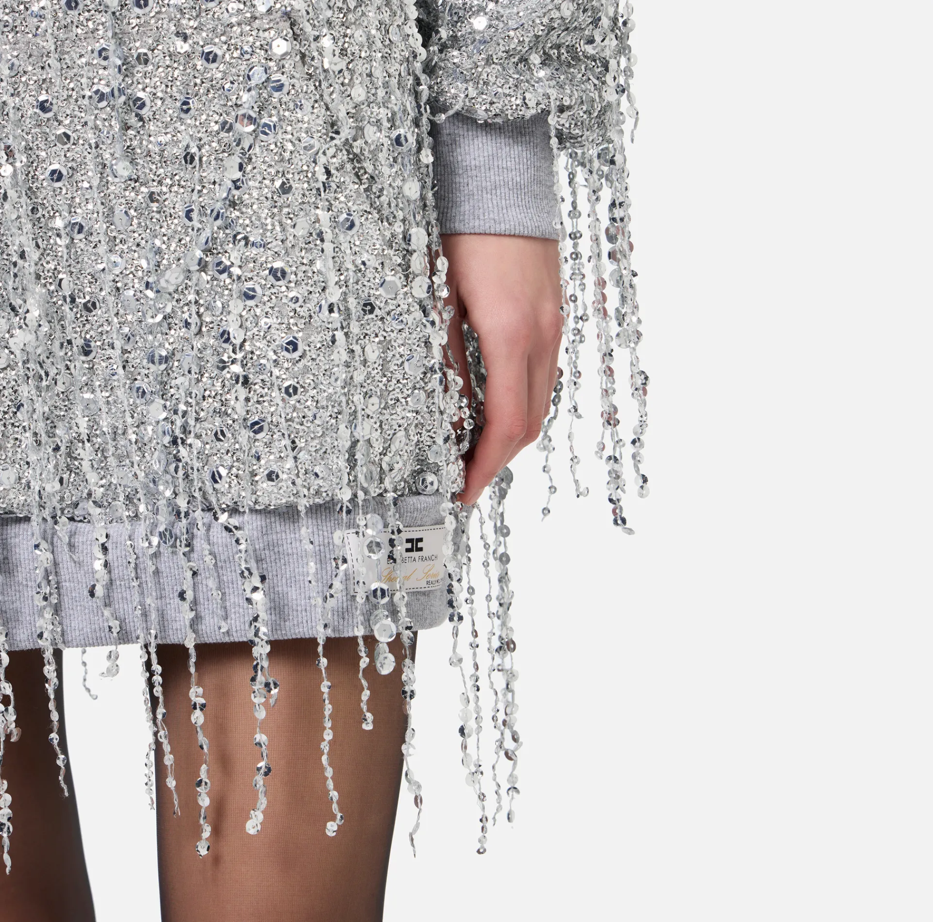Elisabetta Franchi Mini Dresses|Dresses|Fleece mini-dress with hood and sequin fringes