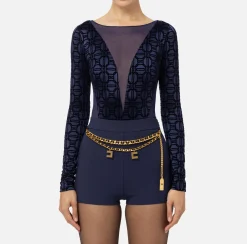 Elisabetta Franchi Top And T-Shirts|Flock Lycra and tulle bodysuit Navy