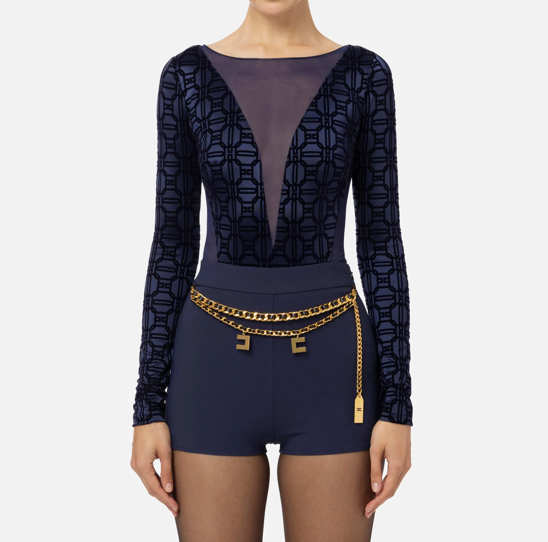Elisabetta Franchi Top And T-Shirts|Flock Lycra and tulle bodysuit Navy
