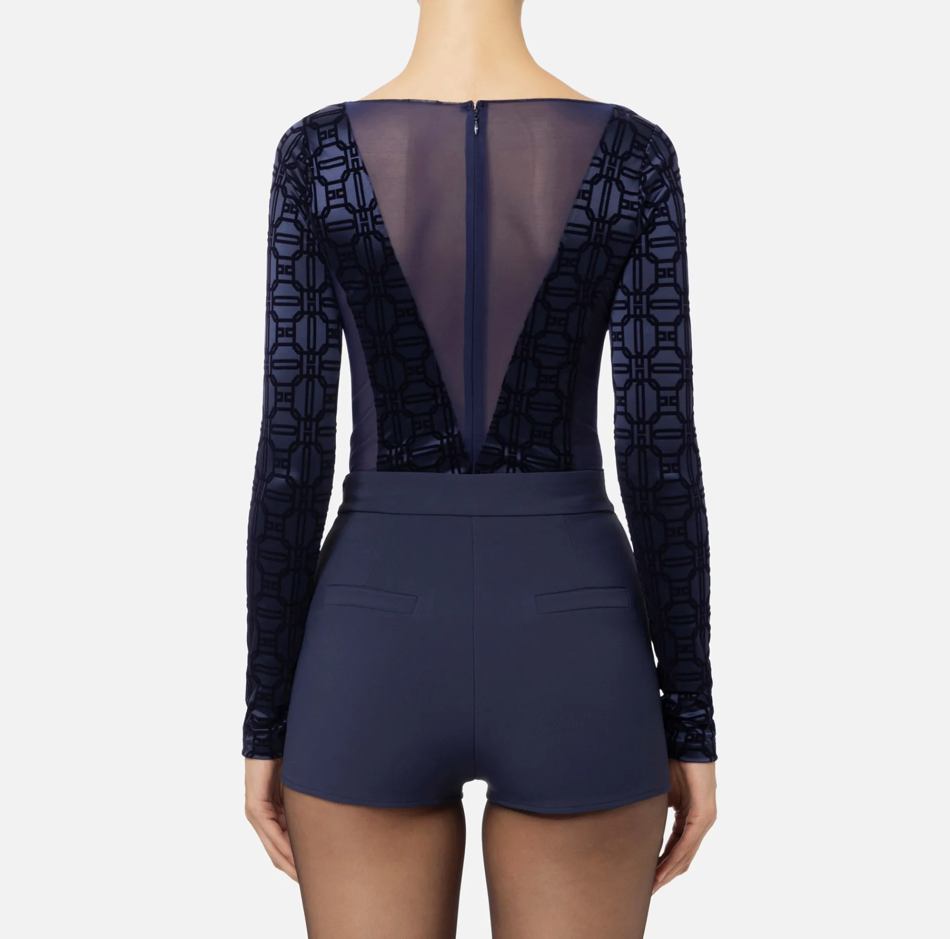Elisabetta Franchi Top And T-Shirts|Flock Lycra and tulle bodysuit Navy