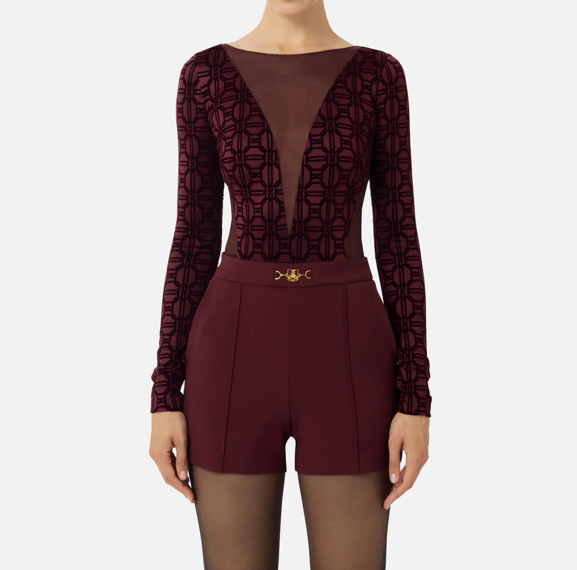 Elisabetta Franchi Top And T-Shirts|Flock Lycra and tulle bodysuit RougeNoir
