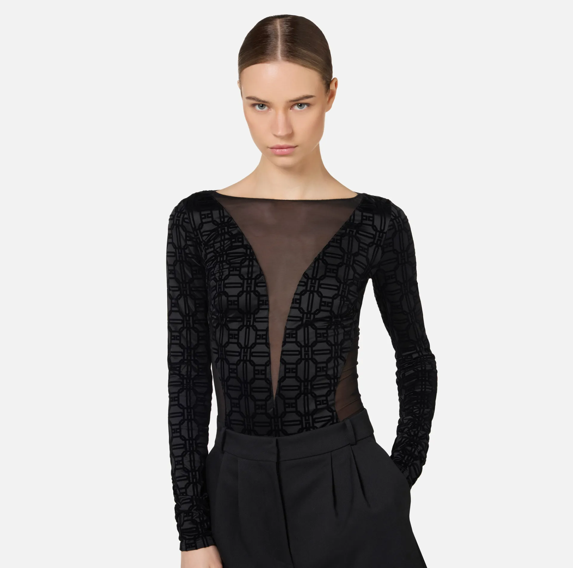 Elisabetta Franchi Top And T-Shirts|Flock Lycra and tulle bodysuit Black