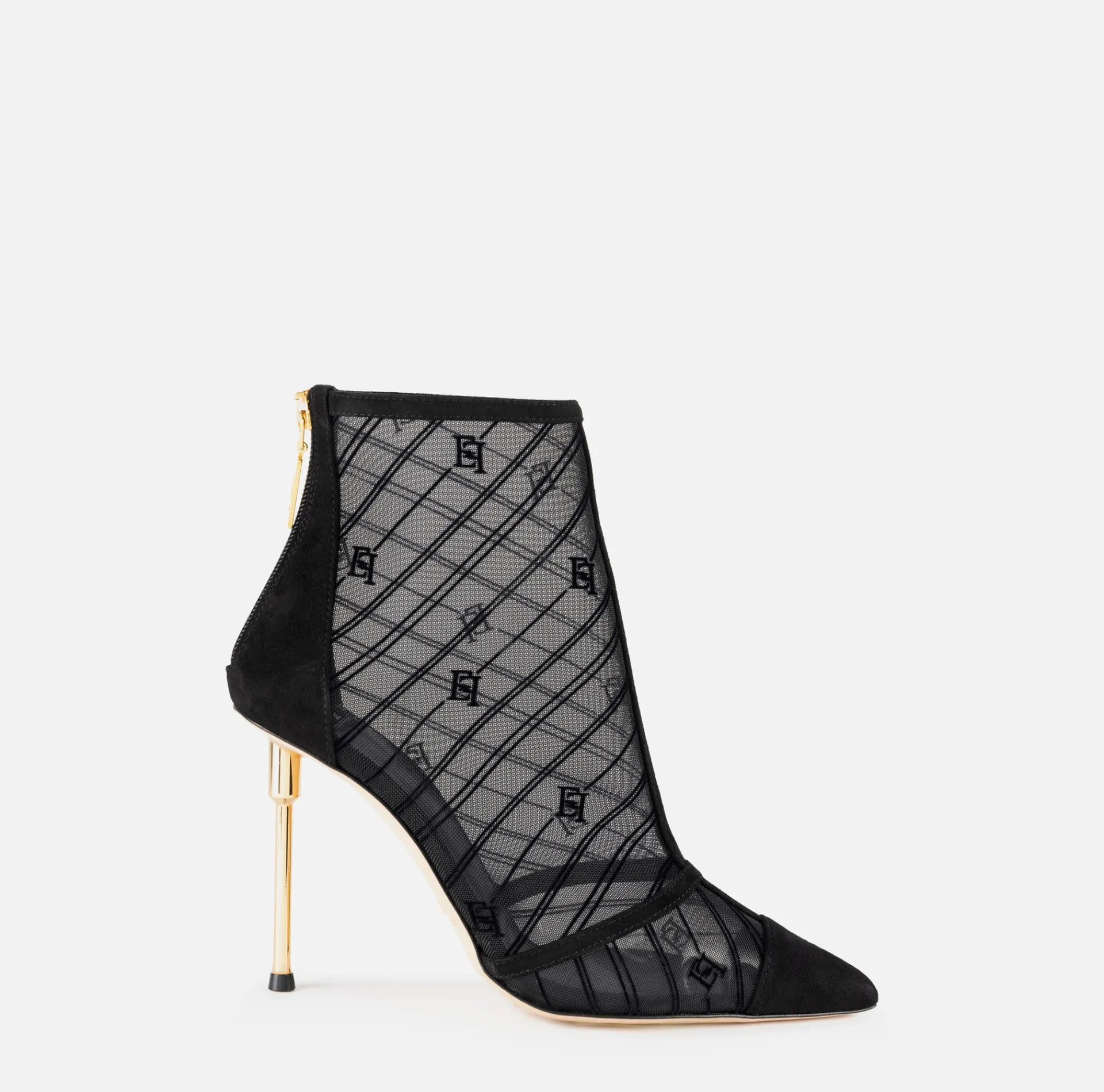 Elisabetta Franchi Boots|Flock mesh ankle boot with sculpted heel Black