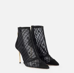 Elisabetta Franchi Boots|Flock mesh ankle boot with sculpted heel Black