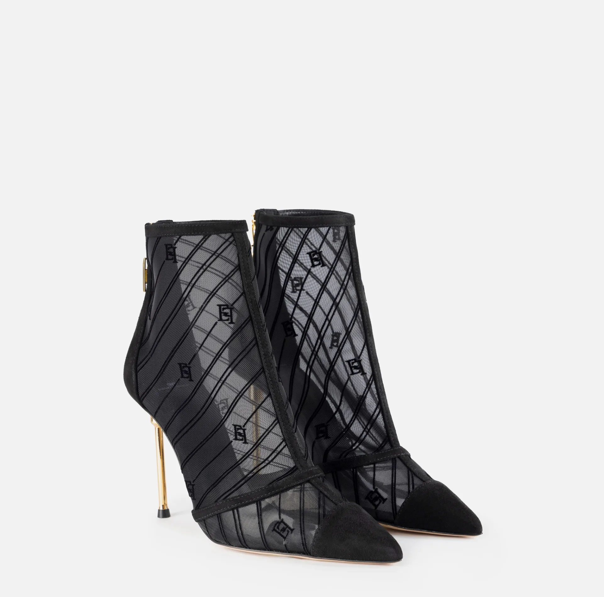 Elisabetta Franchi Boots|Flock mesh ankle boot with sculpted heel Black