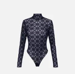 Elisabetta Franchi Top And T-Shirts|Flock printed bodysuit in tulle fabric Navy