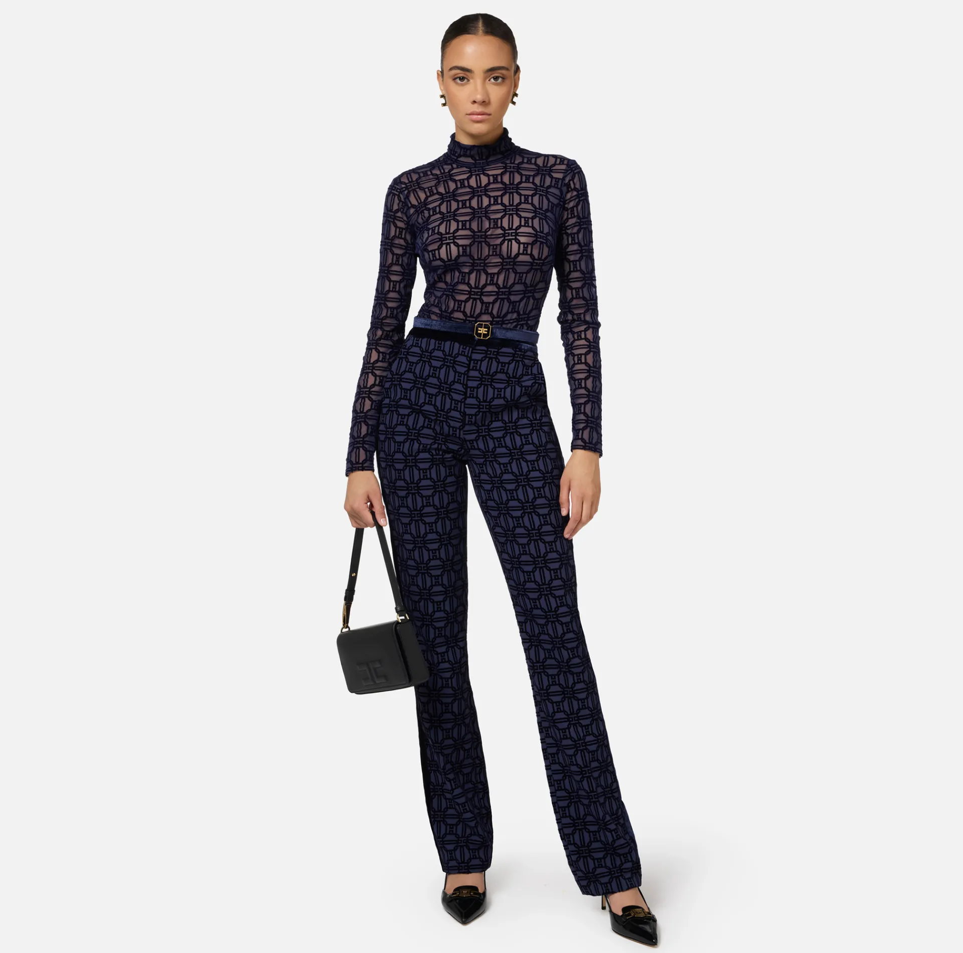 Elisabetta Franchi Top And T-Shirts|Flock printed bodysuit in tulle fabric Navy