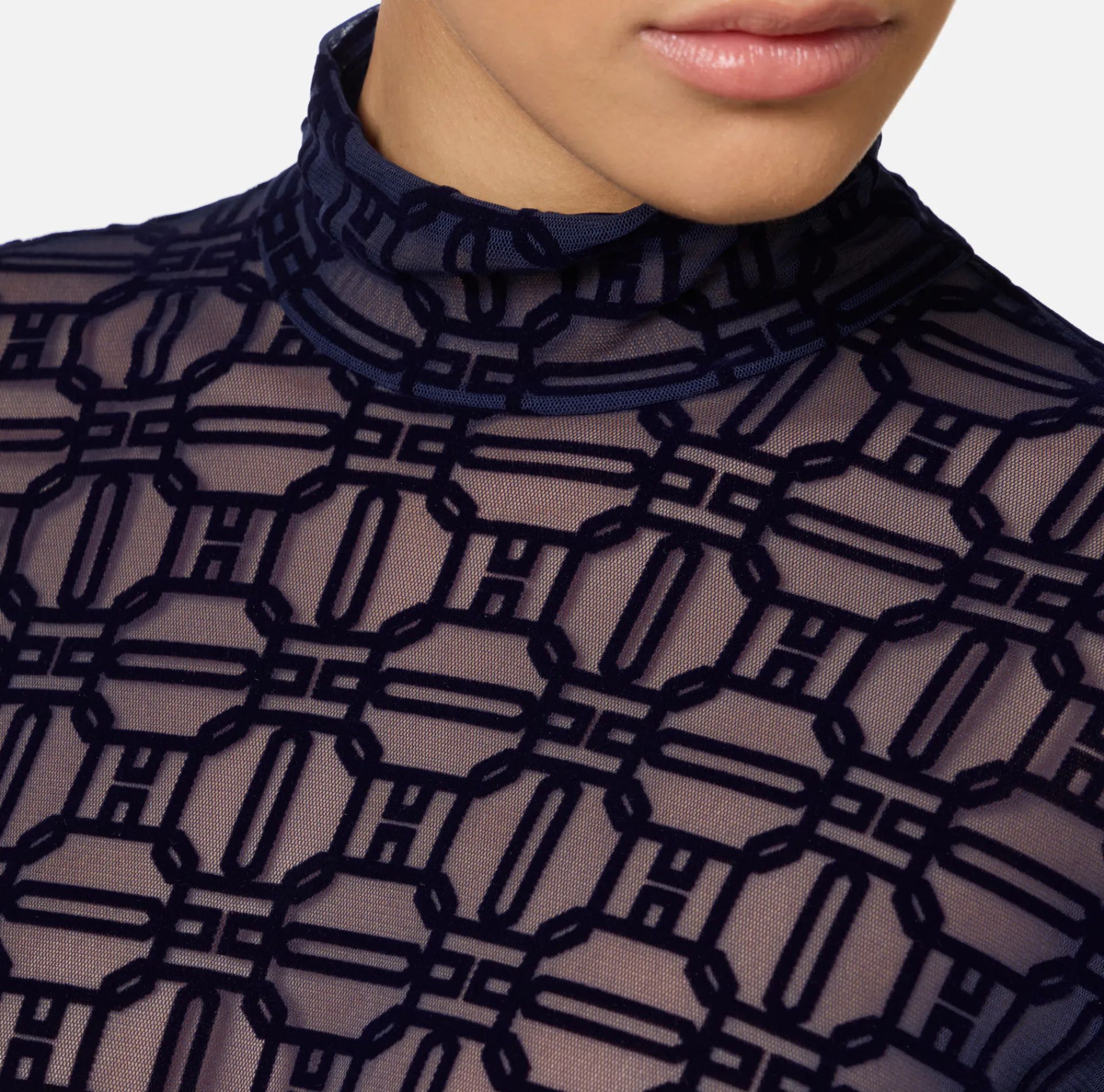 Elisabetta Franchi Top And T-Shirts|Flock printed bodysuit in tulle fabric Navy