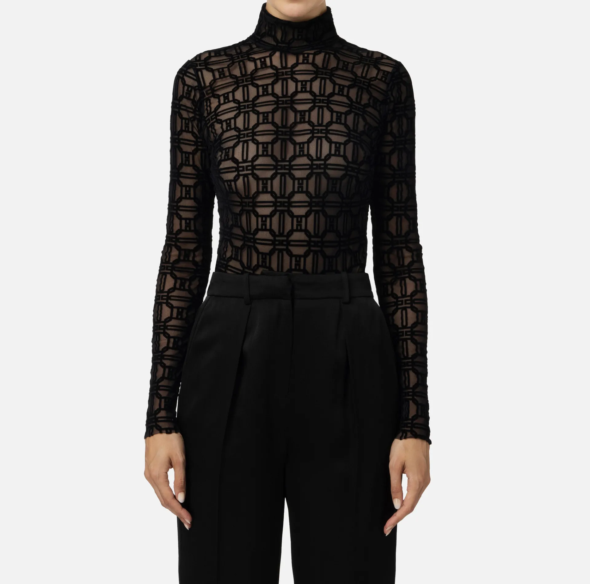 Elisabetta Franchi Top And T-Shirts|Flock printed bodysuit in tulle fabric Black