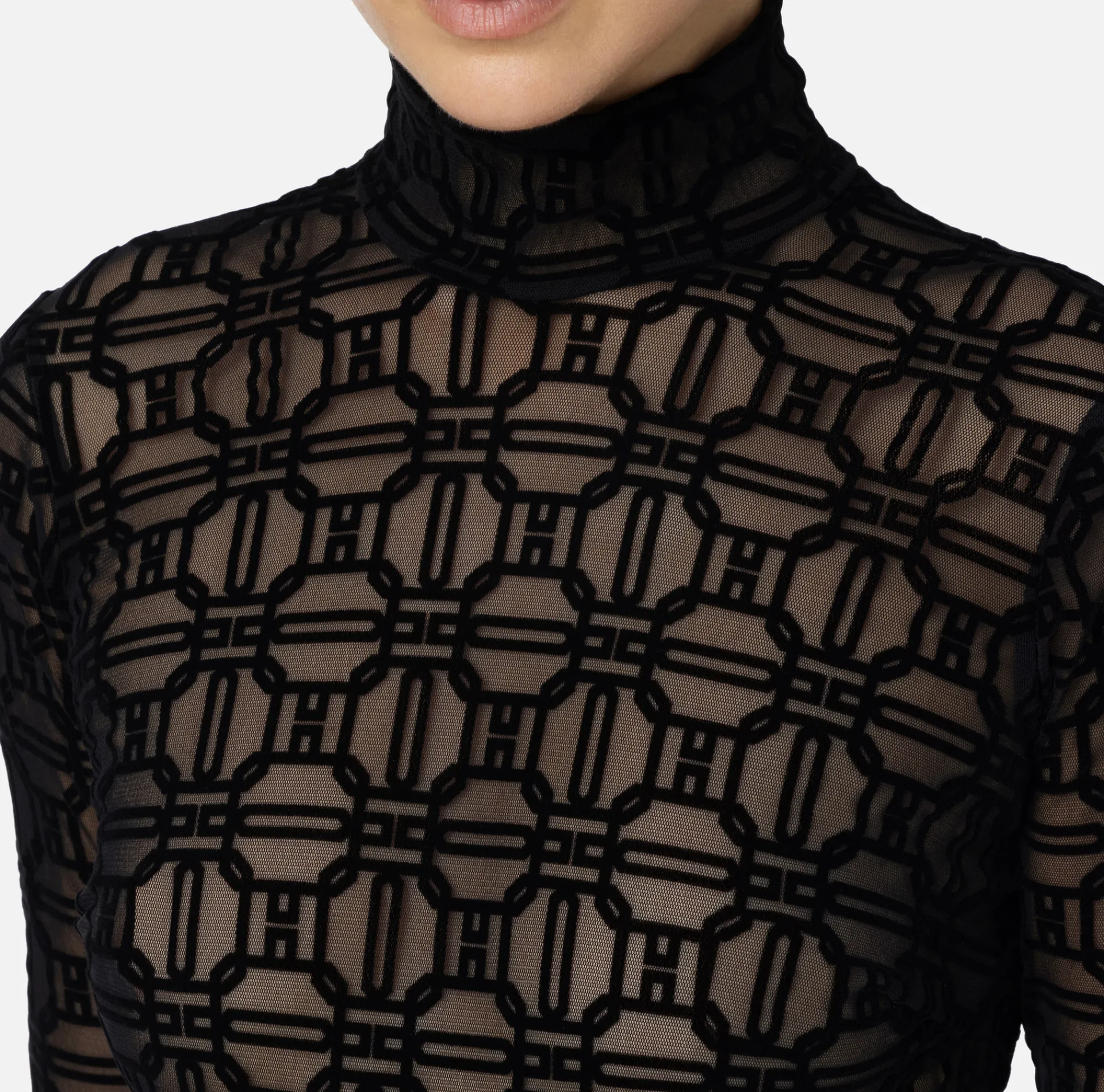Elisabetta Franchi Top And T-Shirts|Flock printed bodysuit in tulle fabric Black