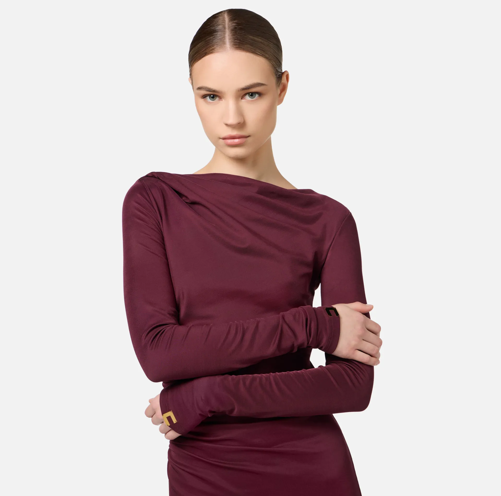 Elisabetta Franchi Midi Dresses|Dresses|Flowing jersey midi dress with draping RougeNoir
