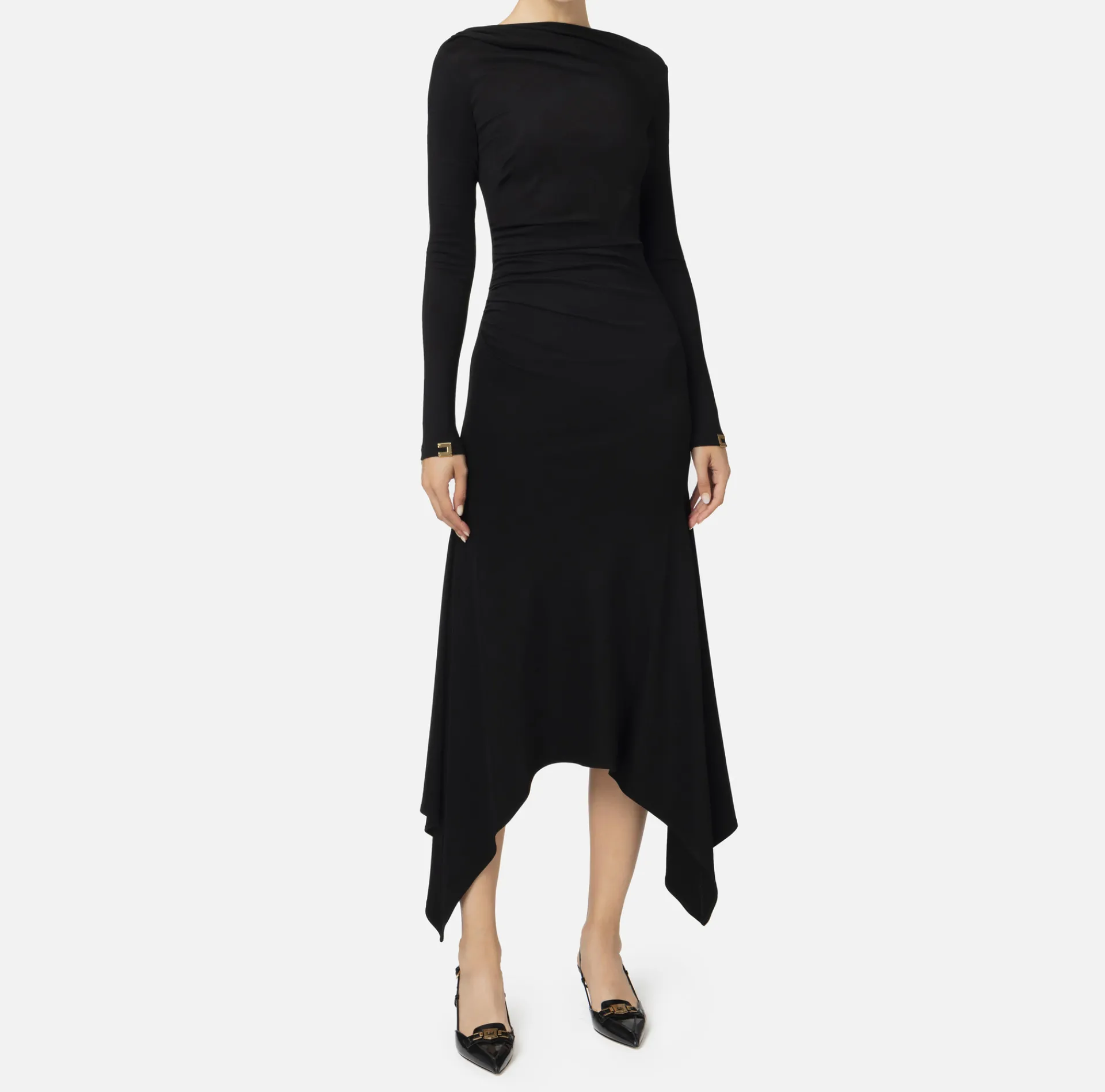 Elisabetta Franchi Midi Dresses|Dresses|Flowing jersey midi dress with draping Black