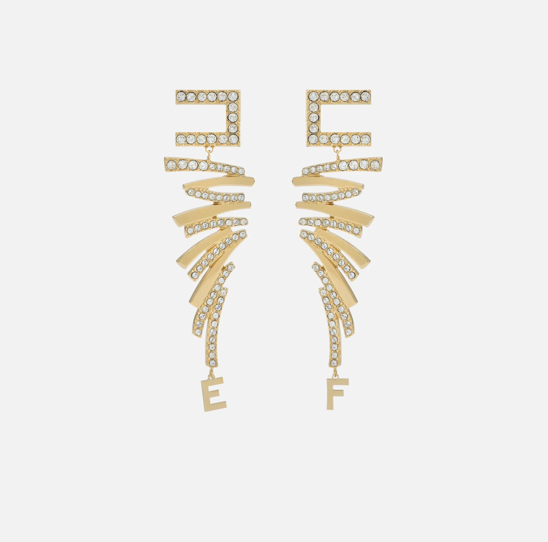 Elisabetta Franchi Jewelry|Golden metal and rhinestone logo earrings with zigzag design YellowGold