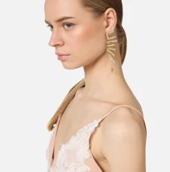 Elisabetta Franchi Jewelry|Golden metal and rhinestone logo earrings with zigzag design YellowGold