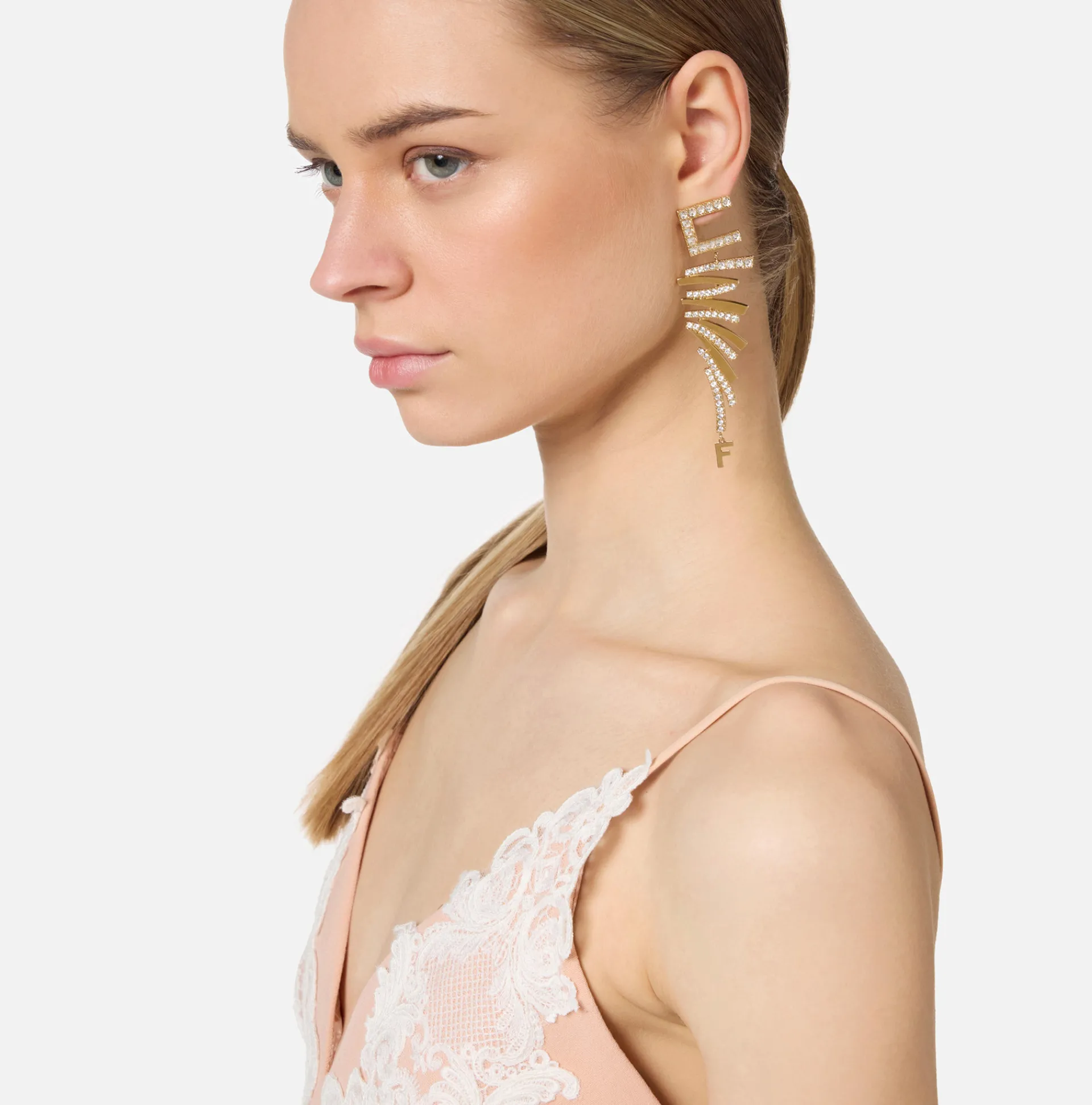Elisabetta Franchi Jewelry|Golden metal and rhinestone logo earrings with zigzag design YellowGold
