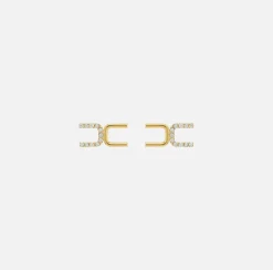 Elisabetta Franchi Jewelry|Golden metal earrings with logo and rhinestones YellowGold