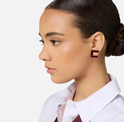 Elisabetta Franchi Jewelry|Golden metal earrings with logo and velvet YellowGold/RougeNoir