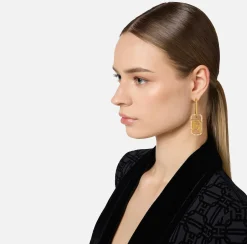 Elisabetta Franchi Jewelry|Golden metal ring earrings with logo charms YellowGold