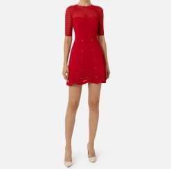 Elisabetta Franchi Mini Dresses|Knitted Dresses|Herringbone pattern mini-dress in viscose fabric with studs RedPassion